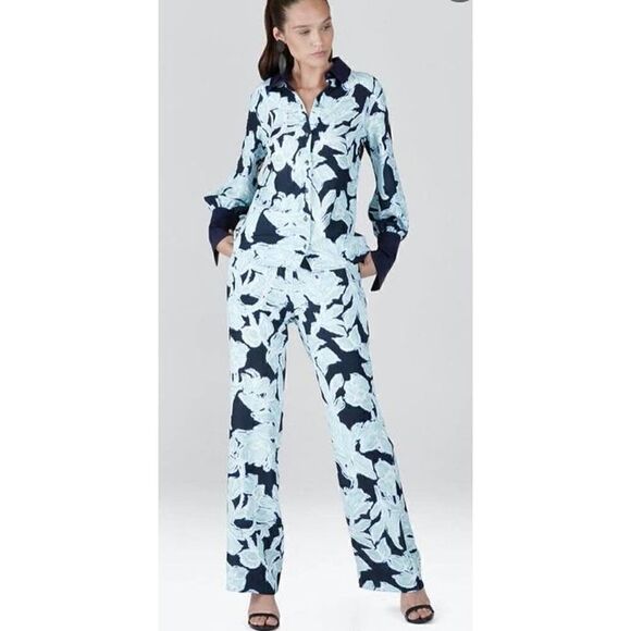 Natori Shibori Blue & Green Floral Fluid Crepe NWT Size Large - Picture 1 of 8